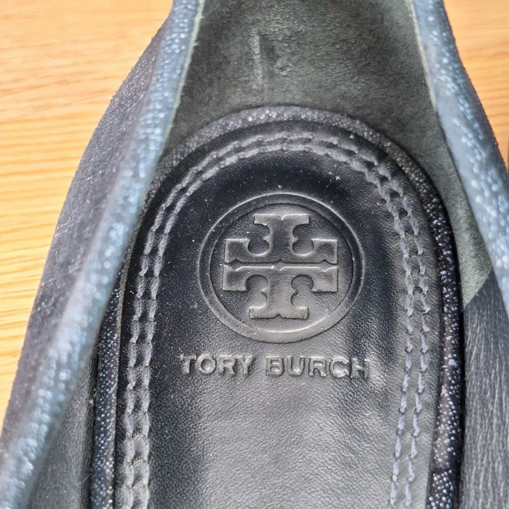 Tory Burch Rosalind Women's 9 Ballet Flats Navy Blue Printed Suede Bow Slip On